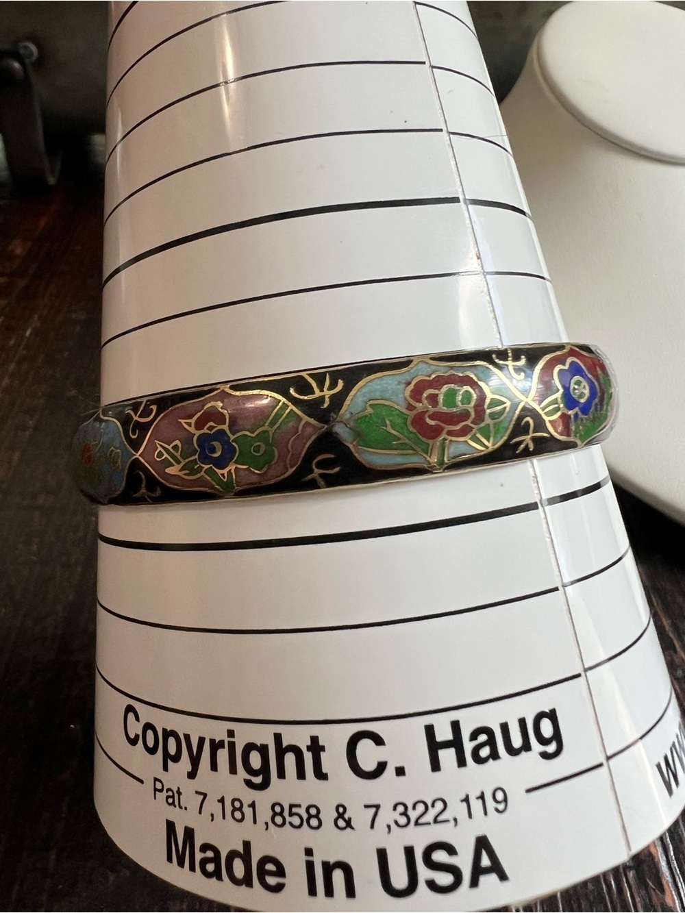 Vintage Estate Flower Leaves Black Cloisonné Enamel Wide Bangle Bracelet - Picture 9 of 14